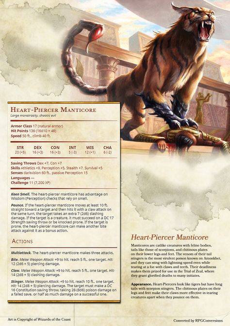 Heart-Piercer Manticore MtG to D&D 5e Homebrew conversion. If you like my content, pls support me at: https://www.patreon.com/rpgconversions Manticore Dnd 5e, Mtg Dnd Homebrew, Dnd Manticore, D&d Mounts, Homebrew Creatures 5e, D D Homebrew Monsters, D&d Beasts, D&d Enemies, D&d Monsters Homebrew