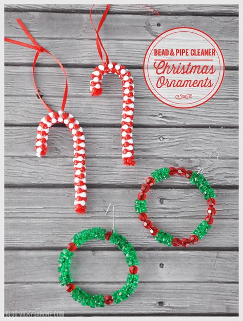 Today we’re sharing some classic DIY ornaments that you might have made when you were a kid! These candy canes and wreaths are super simple and so much fun for kids. For the candy canes you will need red or white pipe cleaners, red and white tri-beads, and some red ribbon. Take a pipe cleaner and add one bead, then secure the end of the pipe cleaner to that bead. Add more beads, alternating between red and white, until you cover about 2/3 of the pipe cleaner. Twist the end of the pipe cl...