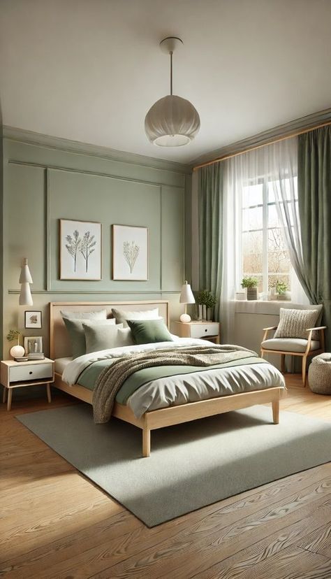 Elevate your bedroom decor with these elegant sage green ideas. Perfect for a chic and calming space!
---
A cozy sage green bedroom with a Scandinavian-inspired design. The room features a light sage green wall behind a bed with a light wood frame and white bedding. The bed is adorned with sage green and soft grey pillows. Two wooden floating nightstands with simple white lamps flank the bed. The floor is covered with a light grey area rug, and there is a small reading nook with a comfortable chair and a knitted throw blanket in the corner. A large window with white sheer curtains lets in natural light, creating a warm and inviting atmosphere. The room is minimally decorated, with a few black-and-white prints on the walls and a potted plant on the windowsill. Light Green Feature Wall Bedroom, Small Bedroom Ideas With Window Behind Bed, Grey And Sage Green Bedroom Ideas, Green Curtains Grey Walls, Sage And Walnut Bedroom, Minimalist Bedroom With Green, Sage Green Interior Walls, Art Behind Bed Wall, Sage Green Bedroom Small