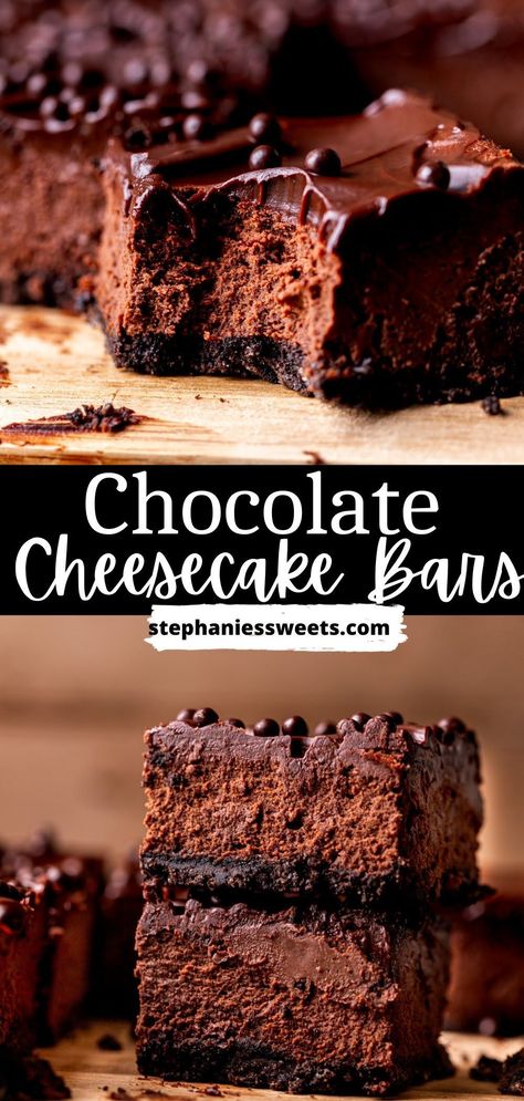 These chocolate cheesecake bars are super creamy and easy to make. They have an Oreo crust, chocolate cheesecake, and chocolate ganache. Cheesecake Brownie Bars, Chocolate Cheesecake Brownies, Oreo Crust Cheesecake, Cheesecake Baked, Chocolate Cheesecake Bars, Creamy Chocolate Cheesecake, Heavenly Desserts, Mini Dessert Recipes, Chocolate Cheesecake Recipes