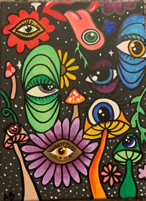 Indie Painting, Bedroom Art Painting, Trippy Patterns, Trippy Wall, Hippie Painting, Meaningful Art, Frog Art, Art Drawings Sketches Creative, Art Inspiration Painting