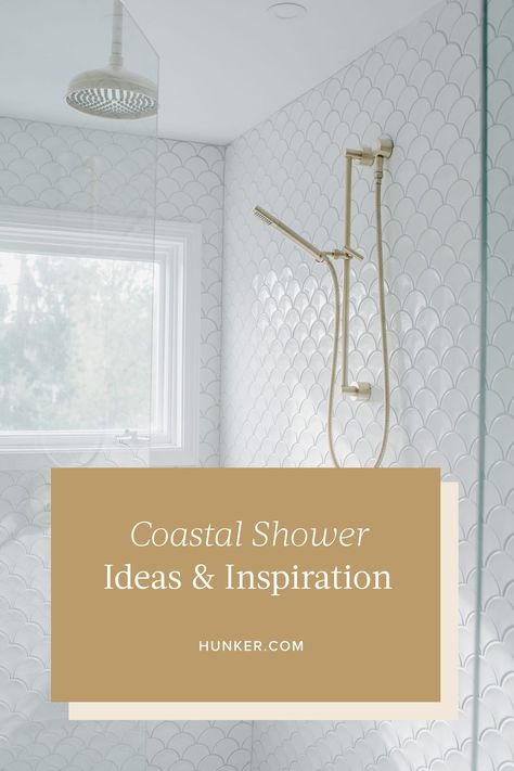 Ready to give your shower a refreshing makeover? Here are five ideas that will help you perfect the coastal look. #hunkerhome #coastal #coastalshower #coastalshowerideas #showerideas Modern Coastal Shower Tile Ideas, Coastal Bathroom Shower Ideas, Coastal Bathroom Shower Tile Ideas, Coastal Master Bathrooms 2024 Trends, Costal Bathroom Tile, Modern Coastal Bathroom Tile, Beach House Shower Tile Ideas, Shower Wall Tile Ideas Coastal, Coastal Master Bath Ideas