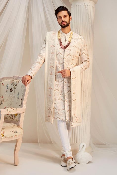 Ivory Raw Silk Floral and Bead Embroidered Sherwani Set Rachit Khanna, Glass Beads Embroidery, Ivory Sherwani, Embroidered Sherwani, Sherwani Groom, Fashion Drawing Tutorial, Wedding Sherwani, Nehru Jackets, Fashion App