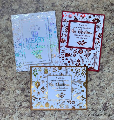 Sending Hugs: Foiled Christmas Cards Gemini Foil Press Cards, Foiled Christmas Cards Handmade, Spellbinders Glimmer Hot Foil Christmas Cards, Cricut Foil Transfer Christmas Cards, Toner Foil Cards, Glimmer Foil Cards, Foiled Christmas Cards, Hot Foil Cards, Foiling Cards