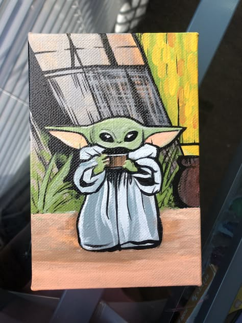 Mandalorian Painting, Baby Yoda Painting, Yoda Painting, Star Wars Art Painting, Pintura Hippie, Mini Tela, Disney Canvas Art, Star Wars Painting, Canvas Painting Ideas For Beginners