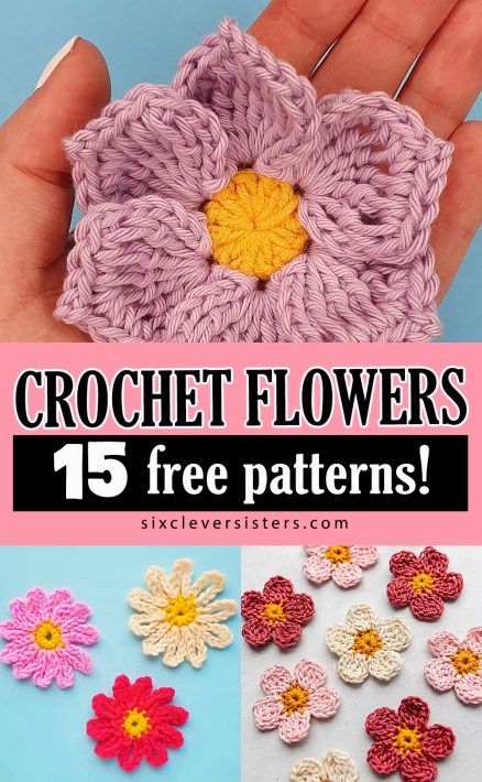 How to crochet a flower | how to crochet a flower for a hat, how to crochet a flower coaster, Fun and easy crochet flower pattern plus how to crochet a flower in 15 other free patterns on the Six Clever Sisters blog! Crochet Flowers Free Pattern Easy, Crochet Puff Flowers, Simple Crochet Flower, Crochet Scalloped Edge, Crochet A Flower, Crochet Flower Hat, Flower Coaster, Crochet Flowers Easy, Fall Nights