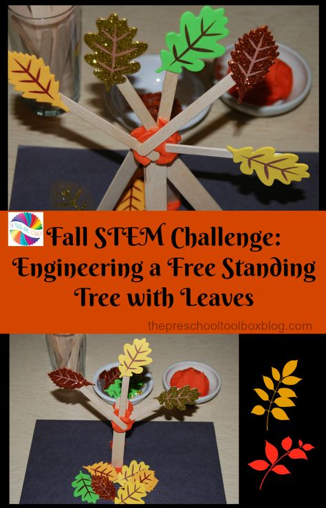 Fall #STEAMED Challenge for #Preschool and #Kindergarten. Come Engineer a Free-Standing Tree with Leaves using ONLY 3 supplies. #STEMEd #STEAM #PreschoolTeacher #PreKTeacher #ArtEd Fall Stem Challenges, Thanksgiving Stem Activities, Fall Stem Activities, Thanksgiving Stem, Thanksgiving Activities For Kindergarten, Stem Activities Preschool, Kindergarten Stem, Fall Science, Steam Challenges