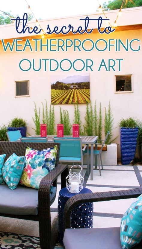 ADD STYLE TO THE OUTDOORS by weatherproofing canvas art to hang on an exterior wall. Learn the easy, DIY secret to making any piece of canvas art water repellent so that it can hang on your porch, patio, deck or backyard rain or shine. Patio Wall Art, Patio Wall Decor, Cheap Patio, Wall Art Diy, Patio Wall, Metal Tree Wall Art, Canvas Photo, Outdoor Living Room, Outdoor Wall Art