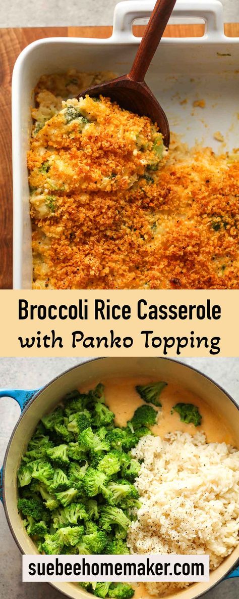 Broccoli Rice Casserole with Panko Topping is a deliciously hearty dish made with tender broccoli florets, fluffy rice, and a rich, cheesy sauce. Topped with crunchy Panko breadcrumbs, it's baked to perfection, resulting in a golden, bubbly top layer that's both flavorful and satisfying. Broccoli Cheddar Rice Recipe, Southern Broccoli Rice Casserole, Thanksgiving Broccoli Rice Casserole, Easy Broccoli Rice And Cheese Casserole, Brocolli Rice Cheese Casserole, Broccoli Cheese Casserole With Rice, Cheesy Brown Rice, Broccoli Cheddar Rice, Cheesy Rice Casserole