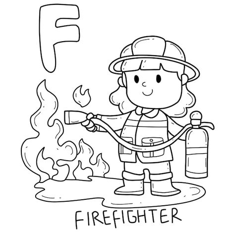 Alphabet occupation firefighter coloring... | Premium Vector #Freepik #vector #occupation #flat #working-illustration #flat-illustration Fire Truck Worksheets Preschool, Fire Fighter Coloring Page, Fireman Coloring Pages, Firefighter Coloring Pages, Working Illustration, Firefighter Drawing, Fire Truck Craft, Firefighter Clipart, Fire Safety Preschool