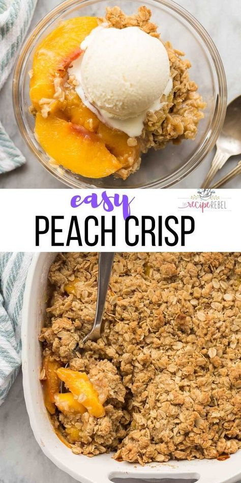 This easy Peach Crisp is made with fresh, canned or frozen peaches, plus a crunchy brown sugar oat topping! It's make ahead and freezer friendly. #peach #peaches #baking #dessert #recipes | canned… More Fresh Peach Crisp, Easy Peach Crisp, Peach Crisp Recipe, Peach Dessert, Frozen Peaches, Peach Dessert Recipes, Peach Crumble, Baked Peach, Peach Crisp