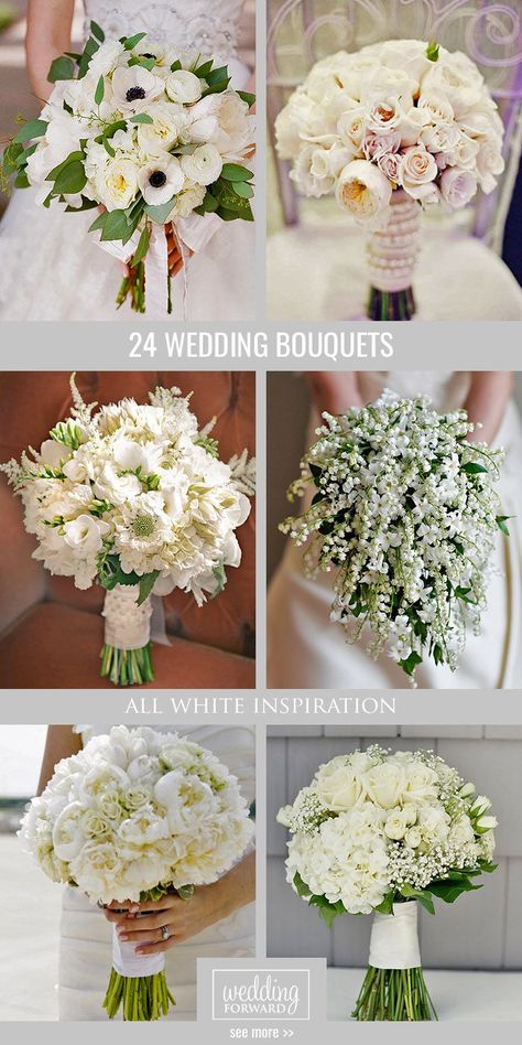 I like the middle left.  I don't like the bottom ones with all the same type of flowers, there isn't enough variety. Basic Wedding Bouquet, Round Wedding Bouquets White, Fresh Bouquet Flowers Wedding, Plain White Bouquet, Off White Flower Bouquet, Best Bridal Bouquet Flowers, Wedding Bouquets Fresh Flowers, White Wedding Bouquets Elegant, Simple White Wedding Bouquets