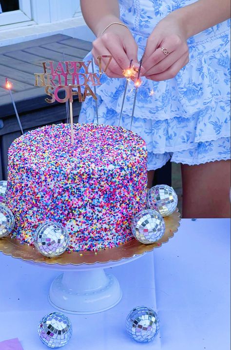 Preppy Disco Party, Preppy Disco Birthday Party, Preppy 16th Birthday, Birthday Cake Preppy, Birthday Cake Sprinkles, Preppy Sprinkle Cake, Preppy Bday Cakes, Sprinkle Bday Cake, Sprinkle Birthday Cake