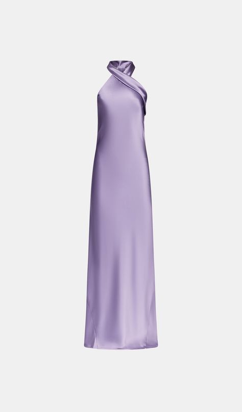 The floor-sweeping Pandora dress is cut on the bias for an ultra-flattering silhouette. It has a modern halterneck and luxuriously long sash that cascades down the back. Sizes small, take one size up if unsure. Silk Violet Dress, Purple Dress Royal, Dusty Lavender Bridesmaid Dresses, Purple Dress Satin, Purple Wedding Guest Dress, Purple Dress Wedding, Lilac Silk Dress, Purple Outfit Aesthetic, Exec Photoshoot