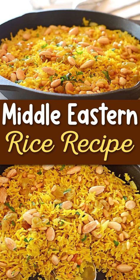 Skillet of yellow rice with nuts with Pinterest overlay. Easy Yellow Rice, Lebanese Rice Recipe, Middle Eastern Recipes Arabic Food, Middle Eastern Rice, Yellow Rice Recipe, Yellow Rice Recipes, Rice Side Dish Recipes, Turmeric Yellow, Middle East Food