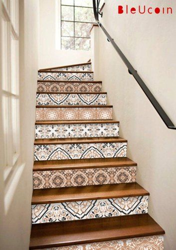 Bohemian Stairs, Tile Stairs Indoor Staircases, Entry Staircase Ideas, Wallpaper Stair Risers, Stairway Landing Decorating Ideas, Boho Stairs, Vintage Stairs, Stairs Vintage, Tiled Stairs