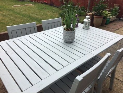 Painted wooden outdoor dining table set Painted Garden Table, Painted Garden Furniture, Cuprinol Garden Shades, Painted Outdoor Furniture, Wooden Garden Table, Wooden Outdoor Furniture, Pallet Garden Furniture, Old Garden, Wooden Garden Furniture