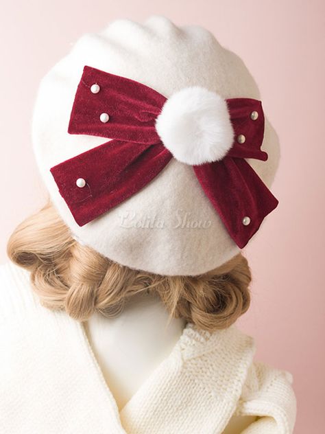 Beret Hat Bow, Red And White Christmas, Crochet Toddler, Trendy Hat, Diy Hat, Beret Hat, Sweet Lolita, Head Accessories, Cute Hats