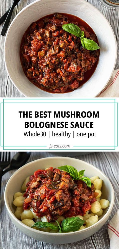 Mushroom Bolognese Sauce is insanely hearty and packed with rich flavors. It's sure to satisfy vegans, vegetarians, and anyone else who loves mushrooms! #mushrooms #bolognese #vegetarianbolognese #vegetarianrecipes #whole30 #whole30recipes #whole30dinner #dinnerrecipes Mushroom Bolognese Sauce, Whole 30 Vegetarian, Vegetarian Bolognese, Homemade Bolognese Sauce, Mushroom Bolognese, Bolognese Sauce Recipe, Vegan Bolognese, Whole30 Dinners, Bolognese Recipe