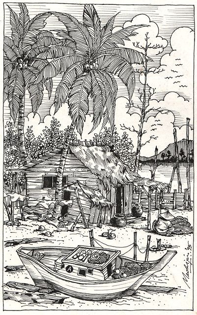 Line Drawing - Fishing Village | I was clearing my stuff awa… | Flickr Nature Drawing For Kids, Branding Ideas, Nature Drawing, Lukisan Cat Air, Drawings Simple, Fishing Villages, Pen Art, Book Page, Coloring Book Pages