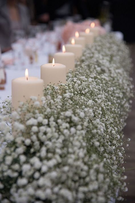 love this row of baby's breath and candles lining the wedding reception tables! ~  we ❤ this! moncheribridals.com Wedding Cheap, Easy Decorations, Winter Wedding Table, Cheap Wedding Decorations, Candle Wedding Centerpieces, Babies Breath, Table Runners Wedding, Wedding Reception Tables, Wedding Table Decorations