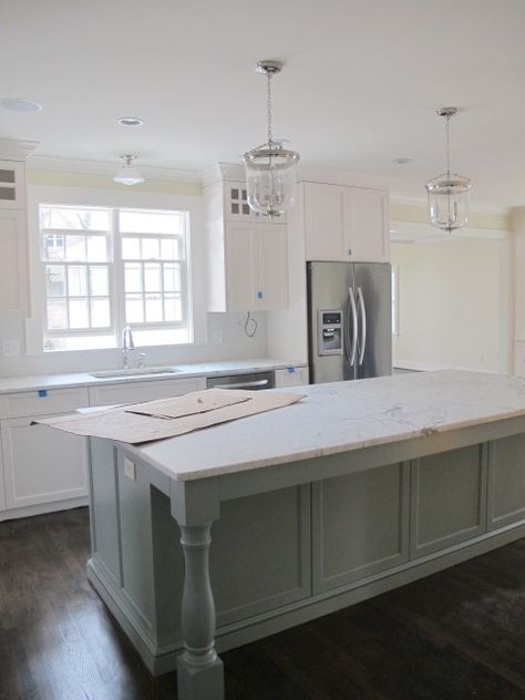 design indulgence: A project update....kitchen island. Kitchen Island With Columns, Kitchen Island Bar, Kitchen Island With Seating, Kitchen Island Design, Grey Kitchens, Kitchen Redo, Kitchen Paint, Trendy Kitchen, Large Kitchen