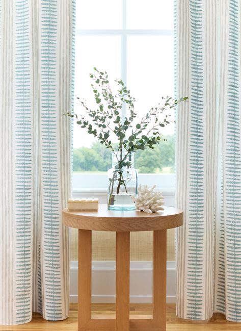 The perfect drapes to complete your summer home. #draperies #drapes #coastaldesign #livingroom Modern Coastal Curtains, Coastal Cottage Curtains, Grand Millennial Curtains, Thibaut Curtains, Drapes Dining Room, Coastal Drapes, Striped Drapes, Beach Home Interiors, Thibaut Fabric