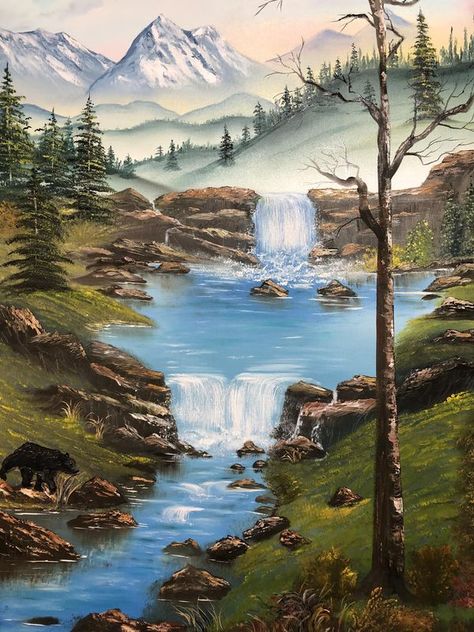 Bob Ross Style Painting For Beginners | First time I tried painting a bear | Facebook Bob Ross Paintings Tutorials, Bob Ross Paintings Tutorials Easy, Bob Ross Painting Videos, Bob Ross Landscape, Pastel Bob, Bob Ross Art, Bob Ross Paintings, Painting Reference, Painting Demo