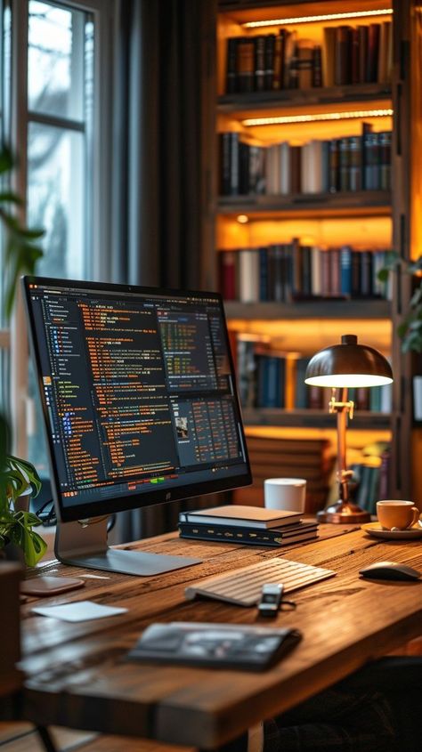 Cozy software developer workspace with computer monitor displaying code, books on shelf, and cup of coffee. Ideal setting for productive coding sessions. Developer Workspace, Programmers Desk, Organized Desk, Small Modern Kitchens, Computer Desk Setup, Technology Life, Desktop Setup, Wallpaper Project, Dream Office