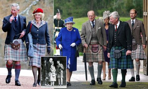 The distinctive grey, black and red, Balmoral tartan, designed by Prince Albert in 1853 and modelled here by Prince Charles, has been worn by every British monarch since Queen Victoria. Balmoral Tartan, Royal Celebration, Scottish Dress, King George Vi, Prince Charles And Camilla, Prince Phillip, Men In Kilts, Scottish Clans, George Vi