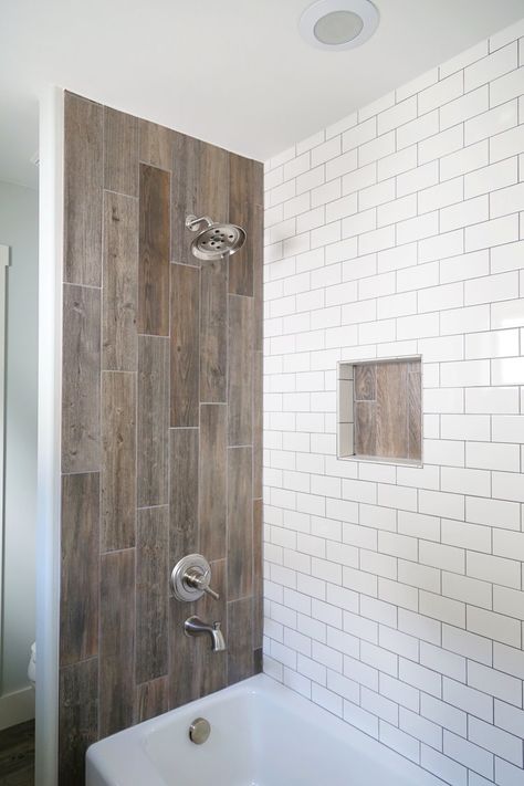 Wood Tile Shower, Wood Tile Bathroom, Home Depot Bathroom, Bathroom Shower Walls, Farmhouse Shower, Tile Remodel, Bathroom Tile Designs, Bathroom Shower Tile, Shower Tile Designs