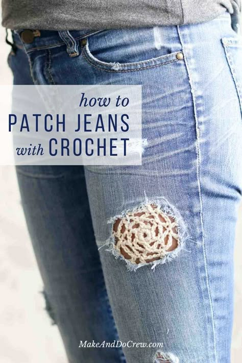 Rattoppare I Jeans, Jeans With Crochet, How To Patch Jeans, Jeans With Holes, Patch Hole, Make And Do Crew, Crochet Lace Doily, Purl Bee, Lace Jeans