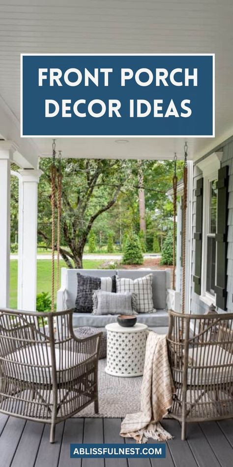 Elevate your curb appeal with charming front porch decor ideas. From rustic farmhouse to modern minimalism, there's a style to match any home. Embrace the beauty of nature with potted plants, hang a welcoming wreath, and add a pop of color with outdoor pillows or a cheerful doormat. #frontporchdecor #curbappeal #homeinspiration Southern Front Porch Decor, Large Front Porch Ideas, Modern Farmhouse Front Porch Decor, Stoop Decor, Modern Farmhouse Front Porch, Modern Front Porches, Pretty Porches, Front Porch Furniture, Front Porch Decorating Ideas