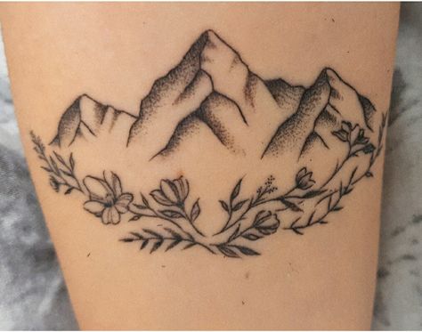 Spine Tattoos Mountains, Wildflower Mountain Tattoo, Vermont Mountain Tattoo, Mountain With Flowers Tattoo, Nails With Mountain Design, Mountain Wildflower Tattoo, Dainty Mountain Tattoos For Women, Flower Mountain Tattoo, Mountain Leg Tattoo