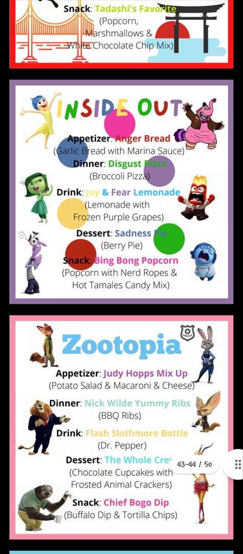 Inside Out Dinner Theme, Inside Out 2 Movie Night Ideas, Frozen Movie Dinner Ideas, Family Movie Night Food Ideas, Finding Nemo Movie Night Food, Inside Out 2 Dinner Ideas, Inside Out Dinner Ideas, Elemental Movie Dinner, Disney Themed Potluck