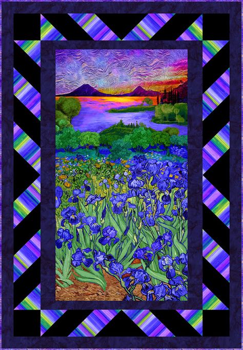 If Vincent Van Gogh stayed to watch the sunset after a day of painting in a field of Blue Irises, enjoying the Golden Hour and the purple twilight reflecting on a lake, maybe this is what he would imagine in his mind’s eye…? From the ‘Wild Iris’ collection by Chong-A Hwang for Timeless Treasures. Be sure to check out this beautiful free quilt pattern! Wall Quilt Patterns, Panel Quilt Patterns, Wild Iris, Fabric Panel Quilts, Timeless Treasures Fabric, Keepsake Quilting, How To Finish A Quilt, Wall Quilts, Panel Quilts