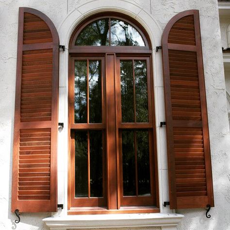 Arch Window House Exterior, Window Nook Ideas Living Room, Spanish Shutters, Arched Windows Exterior, Arched Window Shutters, Shutters For Arched Windows, Radius Window, Shutters Interior Window, Outdoor Window Shutters