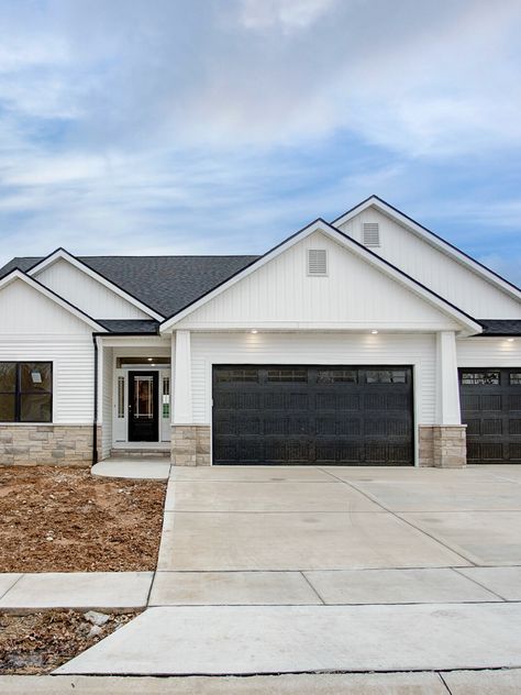 Neighborhood Home Exterior, New Construction Exterior Ideas, White Black And Stone House Exterior, Horizontal Hardie Board Siding, White Ranch House Black Windows, Black Stone On House Exterior, White Black House Exterior, Exterior Ranch House Colors, White And Black Exterior House