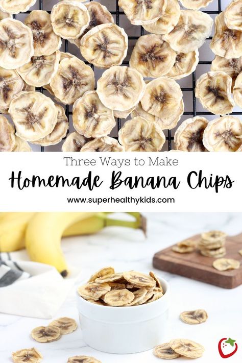 These Homemade Banana Chips are super simple, perfectly crunchy, and can be made in the oven, air fryer or dehydrator! If you have ripe bananas, these are the perfect way to use them up and have a healthy crunchy treat that is naturally sweet. #healthysnacks #bananarecipes #cleaneatingrecipes #healthysnacksforkids #vegansnacks Homemade Banana Chips, Savory Snack Recipes, Oven Air Fryer, Healthy Homemade Snacks, No Bake Energy Bites, Quick Healthy Snacks, Yummy Healthy Snacks, Snacks To Make, Banana Chips