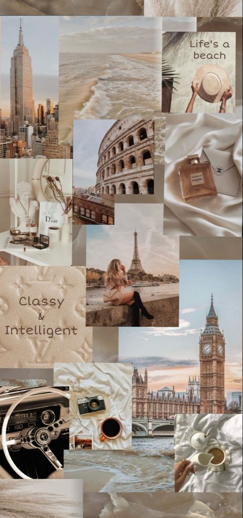 Neutral phone theme, iphone app design, beige aesthetic, brown tones, brass, vintage vibes, classic, fancy, boujee, lifestyle, Instagram feed, minimal style, tan tint, details, filler photo, iphone lock screen, collage, pinterest inspo, coffee, mustang, beach, travel, destination, paris, nyc, london #neutralstyle #neutraldecor #phonebackground #pampas #travel #coffee #photography #beachlife #coverphoto #iphonelockscreen Beige Travel Aesthetic Wallpaper, Beige Aesthetic New York, Neutral Collage Aesthetic, Neutral Aesthetic Wallpaper Collage, Beige Aesthetic Profile Picture, Soft Beige Aesthetic Wallpaper Iphone, Beige Aesthetic Travel, Summer Wallpaper Iphone Lock Screen, Beige Collage Wallpaper