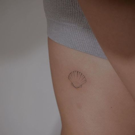 Seashell Rib Tattoo, Minimal Shell Tattoo, Delicate Shell Tattoo, Dainty Shell Tattoo, Simple Shell Tattoo, Shell With Pearl Tattoo, Fine Line Shell Tattoo, She’ll Tattoo, Tiny Shell Tattoo