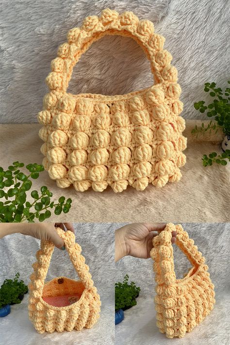 CROCHET BAG : Crochet Puff Bubble Bag Tutorial | Easy Crochet Shoulder Bag | Bubble Puff Crochet #crochetbag #shoulderbag #crochetpuffstitch #crochet Materials: 1. Cotton Yarn 8ply size 4.5 mm. 2. Crochet Hook No.10 size 6 mm. 3. Magnetic Button 18 mm. 4. Scissors 5. Needle Finished size: Height 16 cm. Width 24 cm. Depth 5 cm Bubble Stitch, Mochila Crochet, Crochet Purse Pattern Free, Crochet Shoulder Bags, Free Crochet Bag, Crochet Mignon, Confection Au Crochet, Crochet Bag Tutorials, Bag Pattern Free