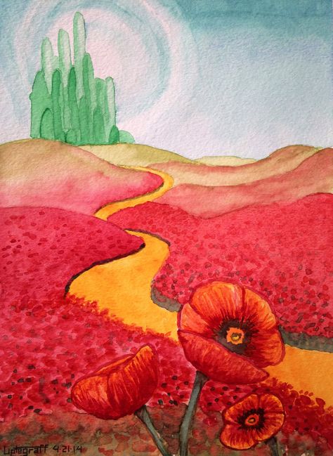 Poppies Outside the Emerald City by LevyTheMachine.deviantart.com on @DeviantArt The Wizard Of Oz Art Ideas, Wizard Of Oz Watercolor Art, Emerald City Painting, Wizard Of Oz Watercolor, Poppy Field Drawing, Wizard Of Oz Painting, Fairytale Tattoo, Wizard Of Oz Art, Wizard Of Oz Decor