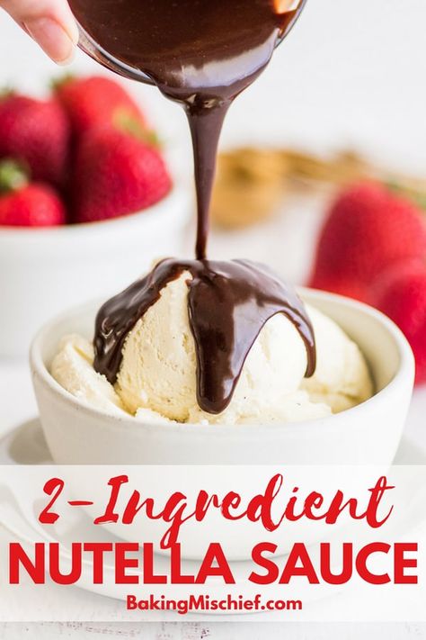 This Nutella sauce is so easy to make! Two ingredients, 30 seconds, and perfect for drizzling over ice cream, pancakes, and waffles. | #summerdessert | #Nutella | #recipeforone | recipes for one | Sauce For Ice Cream, Nutella Sauce, Nutella Dip, How To Make Nutella, Ice Cream Sauce, Cream Pancakes, Peanut Butter Sauce, Dessert Aux Fruits, Fudge Easy