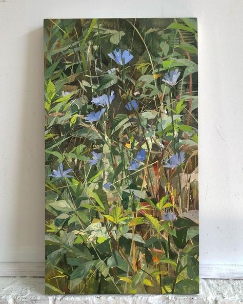 Christina Weaver on Instagram: "And the zoom out! Chicory and Blackberry Leaves. oil on panel. 18x10”. 2021 sold • #paintingoutside #pleinairpainting #pleinair #chicory #wildflowers #tangle #bramble #intheweeds #weeds #painting #oilpainting #paintingfromlife #paintingfromobservation #foliage #meadow #oilonpanel #meadowpainting" Blackberry Leaves, Environment Painting, The Zoom, Creation Photo, Watercolor Architecture, Bramble, Plein Air Paintings, Ethereal Art, Art Painting Acrylic