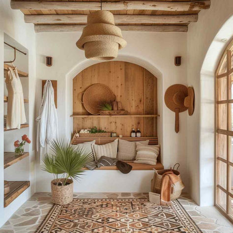 68 Coastal Bohemian Mudrooms: Where Oceanic Vibes Meet Boho Chic Mudroom Beach House, Bohemianism Interior Design, Elevated Boho Style Home, Boho Chic House Exterior, Bohemian Mudroom, Bohemian Mediterranean Decor, Boho Chic Beach House, Boho Mudroom Entryway, Boho Mudroom