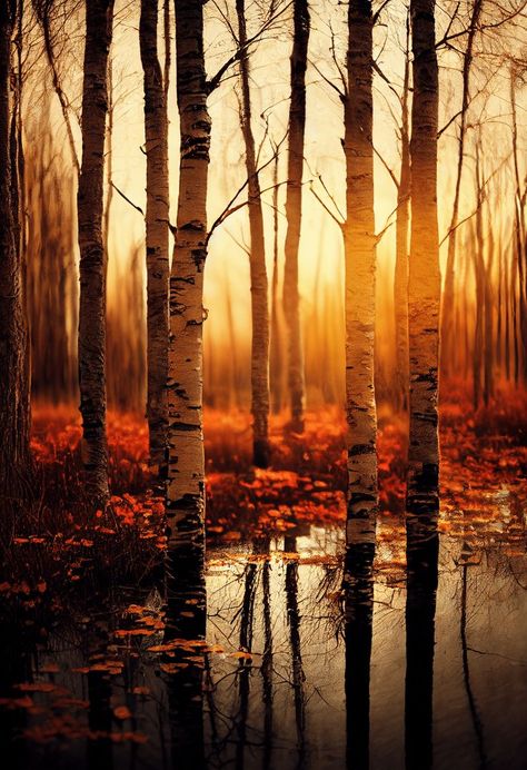 Nature photography, Autumn Birch Trees in a beautiful swamp, dappled sunlight, by Joseph Filer and Jess Lee, cinematic lighting Sunlight Photography, Dappled Sunlight, White Birch Trees, Photography Autumn, Cinematic Lighting, Forest Painting, Tree Photography, Birch Trees, Autumn Scenery