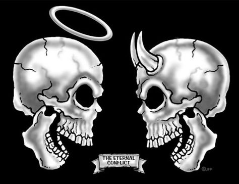 Good And Evil Tattoos, Evil Skull Tattoo, Good Vs Evil, Evil Tattoo, Skeleton Tattoos, Skull Artwork, Skull Wallpaper, Skulls And Roses, Angel And Devil