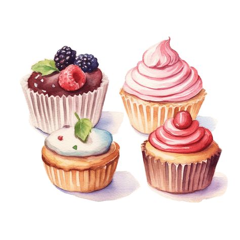 Fruity Cupcakes, Tatuaje Studio Ghibli, Cupcake Clipart, Cupcake Illustration, Cake Drawing, Scrapbook Images, Image Collage, Food Clipart, Watercolor Birthday