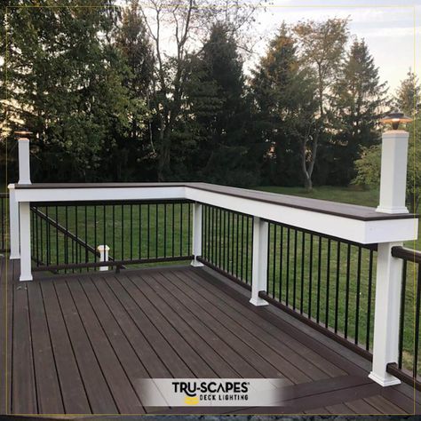 Bar Railing On Deck, Bar Ledge On Deck Railing, Lights For Deck Railing, Patio Railing Ideas, Deck Fence Ideas, Drink Rail, Deck Refinishing, Deck Renovation, Deck Railing Ideas